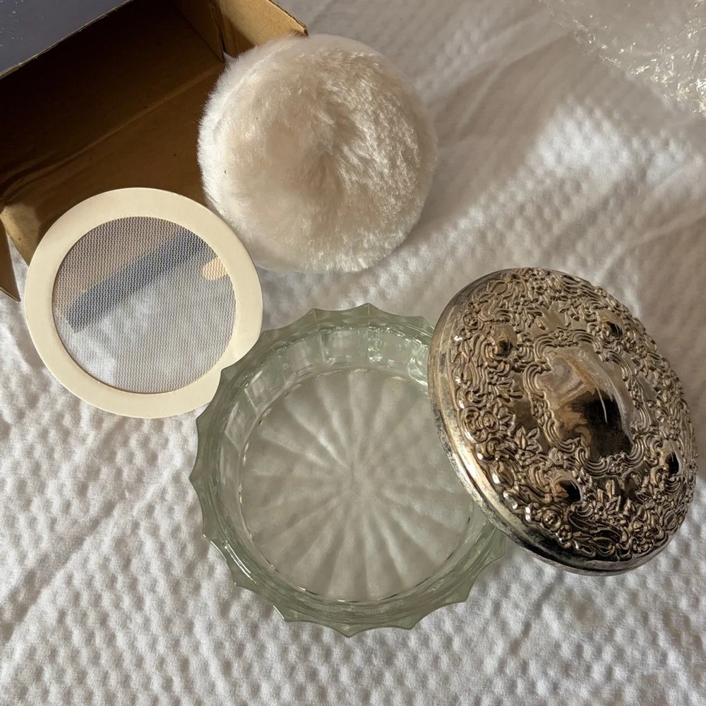 NIB Vintage Silver Plated Mirror and Glass Puff Container Never Been Used Silver